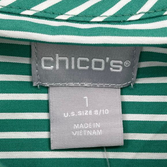 Chicos Mock Neck Poplin Shirt Size 1 8 Medium Green White Stripe Tortoise Button - Picture 5 of 7